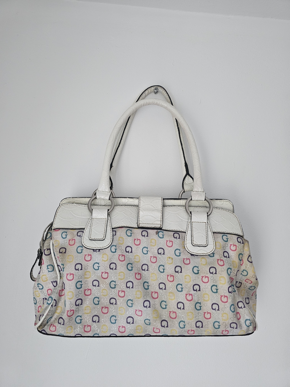 GUESS White Multicolor G-Print Satchel with Silver G Accent - Picture 3 of 8